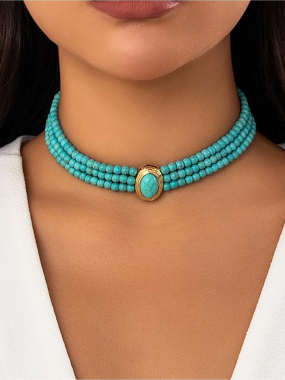 New! Multilayered Turquoise Beaded Choker Necklace